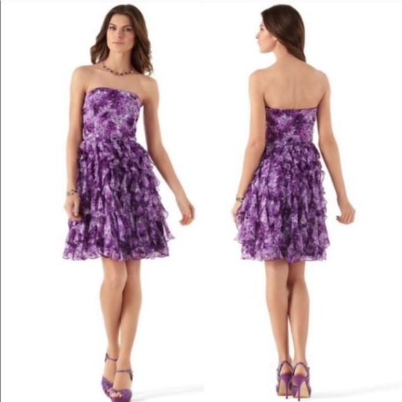 White House Black Market Dresses & Skirts - WHBM Strapless Purple Floral Ruffled Dress Size 12